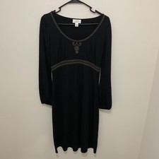 Ann Taylor Loft 4 Black Scoop Neck Empire Waist Dress Taupe Embroidery Accent