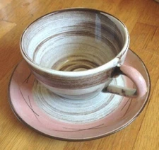  Santa Anita Ware California Stylized Spiral Pink Brown VRENI Cup Saucer Set