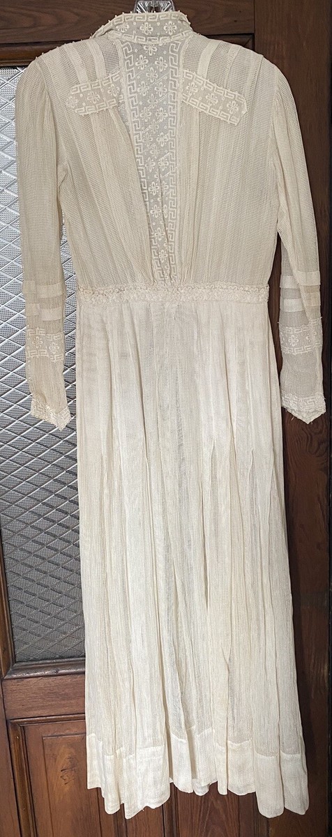 Antique Cotton Linen Dress Off White, Open Weave, Lace Insets 