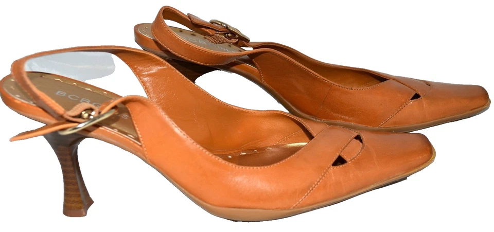 BCBGirls Caramel Leather Square Toe Adjustable Straps Slingback Heels Size 7.5M - Image 3 of 4
