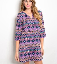 EVERLY USA Made Notch V Neck Shift Dress Purple Tile Print Size XS DR4275N
