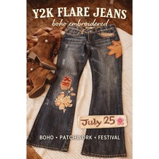 July 25 Y2K Embroidered Flare Jeans Size 30 Boho Patchwork Denim Festival 🌸🔥