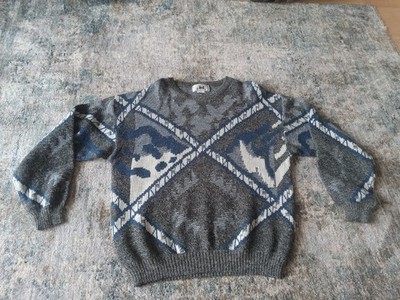 Size Med. Vintage Jed 80s 90s White Black Blue Geometric Wool Blend Mens Sweater
