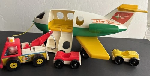 Fisher Price Airplane Vintage Green & Yellow Jet Plane, Tow Truck, Two Cars