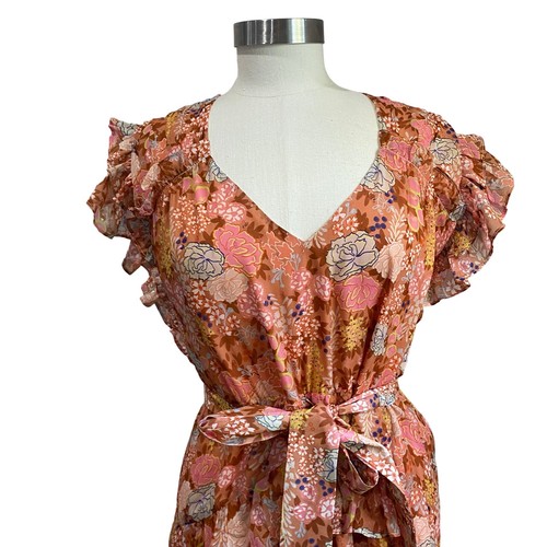 Mini abito da ragazza Marie Oliver Thea Peachy Peonies in seta con cintura floreale taglia M - Foto 3 di 12