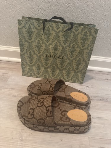 Gucci Women’s GG Monogram Logo Slide Sandals Suede Brown/Beige Size 7