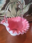 Vintage Fenton Silver Crest Pink & White Milk Glass Basket With Ruffled Edge