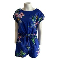 Vintage Blue Floral Romper Belted Button Shoulder Cotton Playsuit USA M 