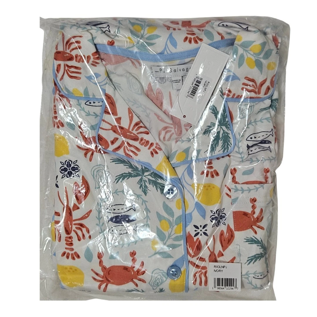PJ Salvage Pajama Set Large Beach Crabs Lobster Fish Long Sleeve Button-Up/Pants