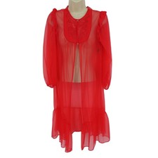 Vintage Movie Star Womens Small Red Sheer Embroidered Lace Floral Peignoir Robe