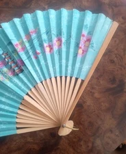 Vintage Hand Held Folding Paper and Wood 9" Fan, Floral Painting / Carving's