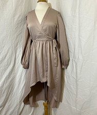 Express Women Wrap Dress Satin Taupe Size S/M Hi-Low V-Neck Tie Balloon Sleeve