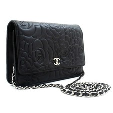 ab6 CHANEL Authentic Black Camellia Embossed Wallet On Chain WOC Shoulder Bag