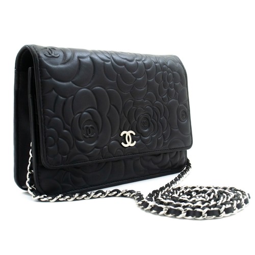 ab6 CHANEL Authentic Black Camellia Embossed Wallet On Chain WOC Shoulder Bag