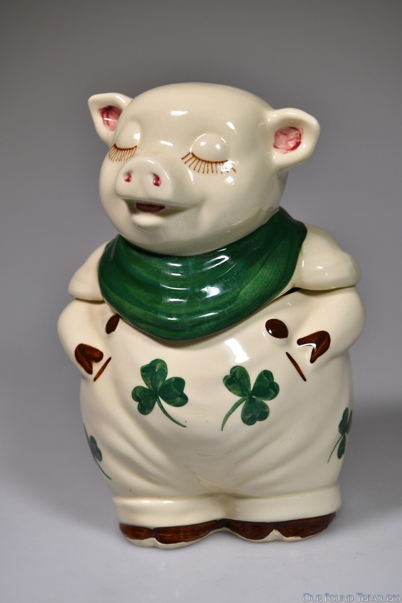 Vintage MCM 1940s- SHAWNEE POTTERY SMILEY Pig Shamrock Cookie Jar