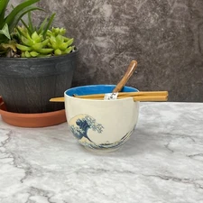 5''Japanese Waves Blue Ceramic Ramen Noodle Rice Bowl W/chopsticks & spoon gift