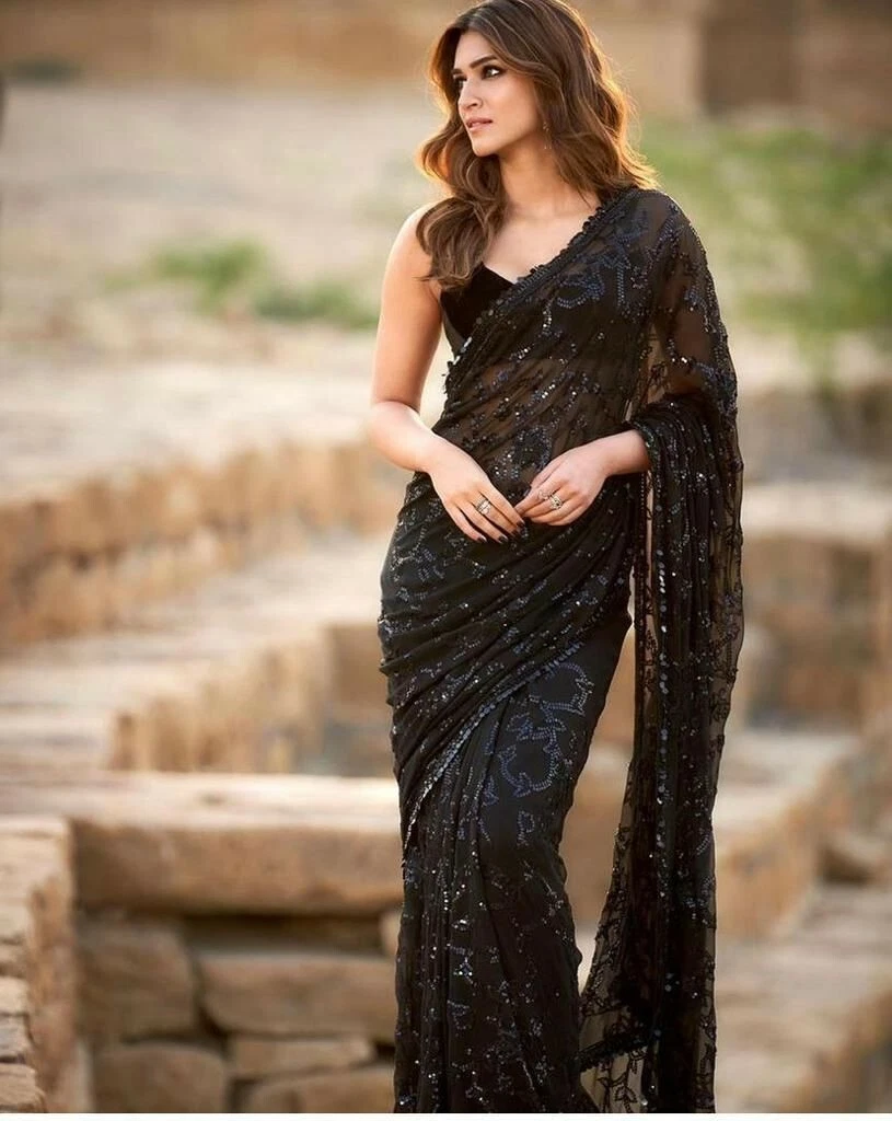 Black Sequins Designer Sari Party Wear Indian Pakistani Bollywood Saree