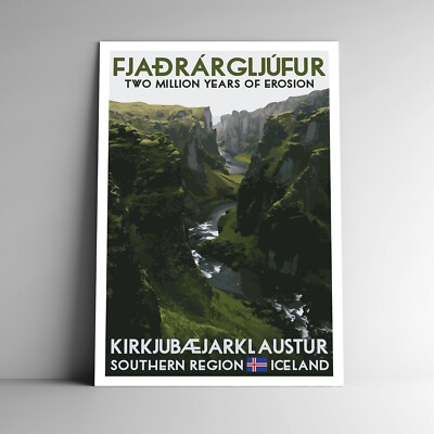 Fjaðrárgljúfur Canyon Travel Poster Postcard Fjadrargljufur Iceland Many Sizes
