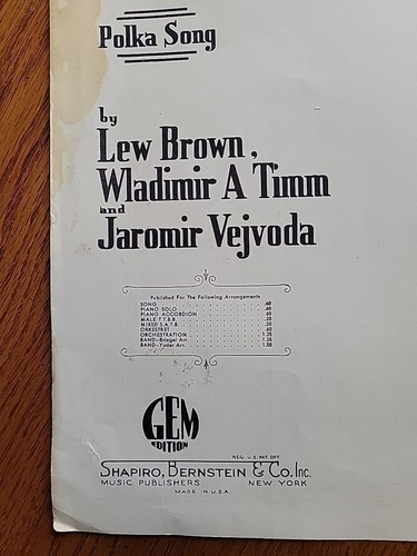 Partituras de polca de barril de cerveza 1939 Lew Brown Wladimir Timm Jaromir Vejvoda - Imagen 5 de 12