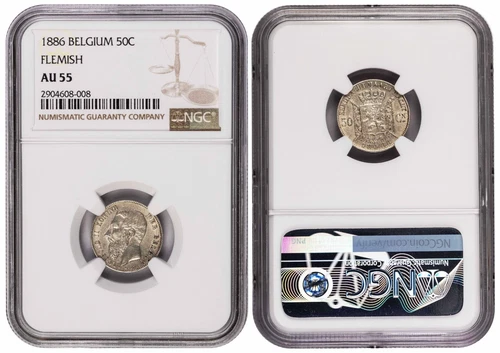 *** NGC *** BELGIUM *** 50 c. 1886 *** AU55 *** LOOKS ~ UNC *** n6