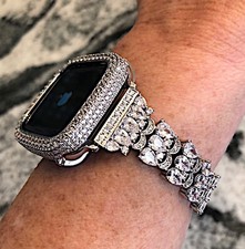 44mm Series 4,5,6,SE Silver Lab Diamond Apple Watch Bezel  Apple watch band