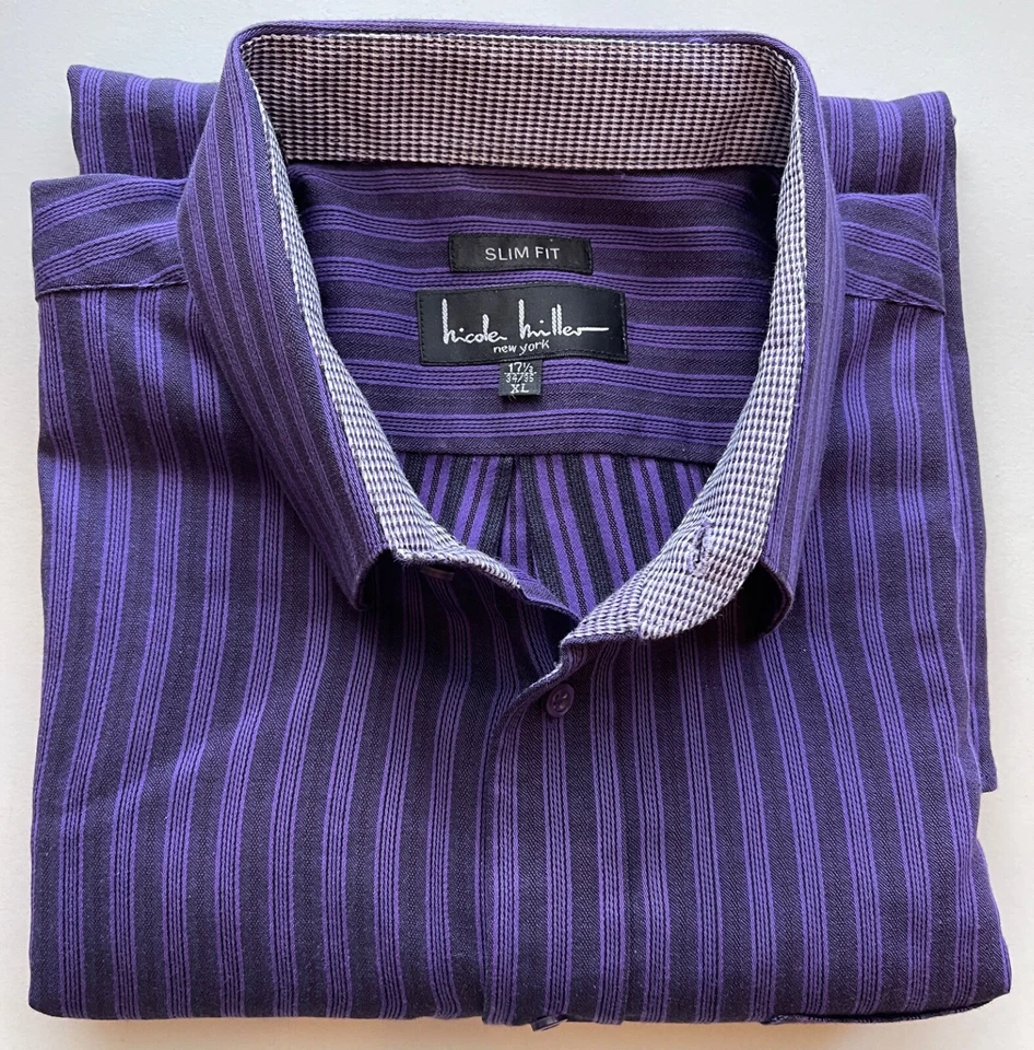 NICOLE MILLER LS кнопка рубашка мужчин XL 17,5 34/35 Slim Fit фиолетовый полоски откидной манжеты - Изображение 3 из 4