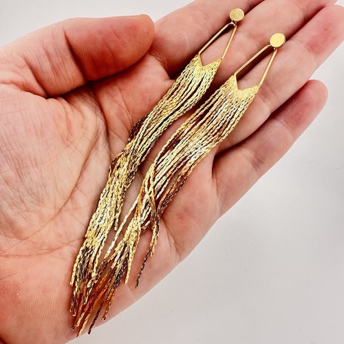 Modern Glam Fringe Gold Tone Chain Dangle Enhancer Stud 4.75” Earrings - Picture 3 of 6