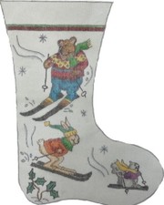 Hand-Painted 19 1/4" Skiing Bear Bunnies CHRISTMAS STOCKING Needlepoint Canvas