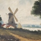 Oil Painting On Canvas Of Dutch Windmill, Lake, Homestead. Signed. Vintage. — photo 5