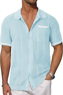 Men's Summer Casual Slim Knit Shirts Short Sleeve Cardigan Top Blouse ...