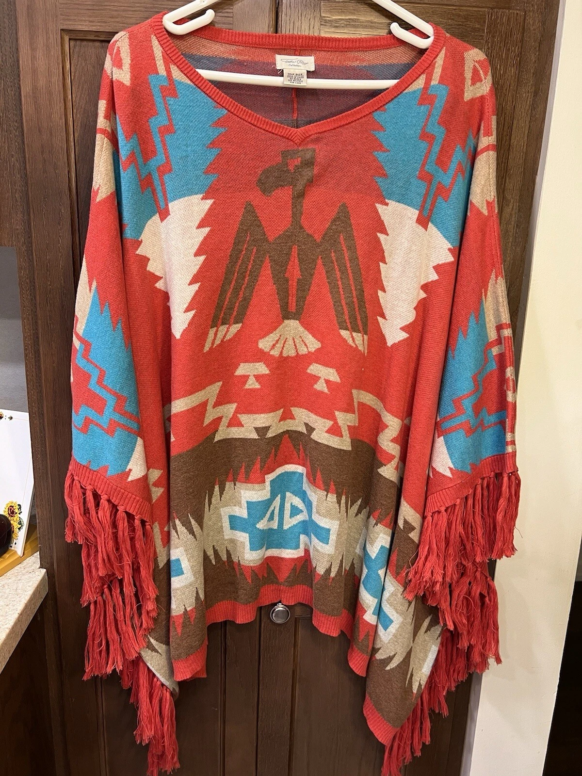 Tasha Polizzi Aztec Tribal Poncho Jacket Cape Cotton Western Fringe Fall Retro