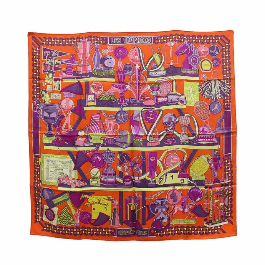Hermes Silk 100% Carré 90x90cm Scarf Les Trophees Orange purple made in France