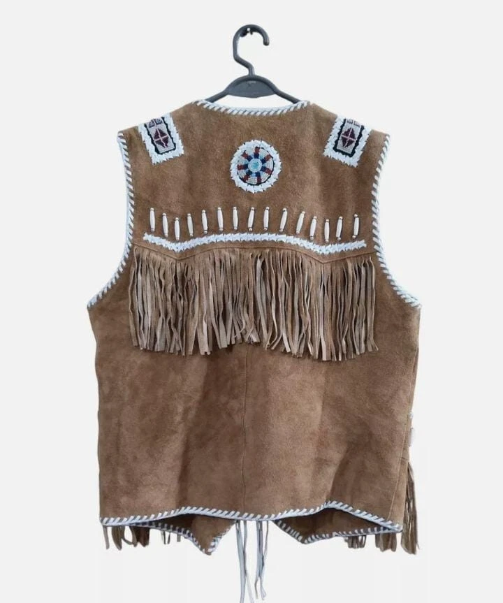 Men Native Style Western Cowboy suede Leather vest  Fringe & Beaded - Image 2 of 3