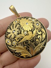 Vintage Damascene Gold tone Bird Flowers Pendant