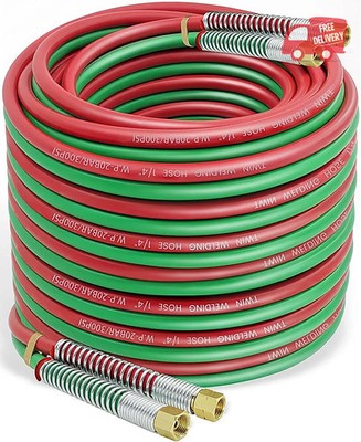 100 Feet 1/4'' Oxy Acetylene Welding Hose with 9/16''-18 B Fittings - Grade R Twin