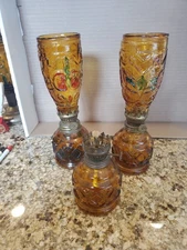 2 Vtg Mini Amber Stained Glass Oil Lamps w/Chimneys 1 Bottom Made In Hong Kong