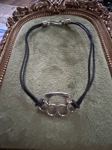 9” Ankle Bracelet Anklet Black linen Cord  Silver Brass Knuckles 