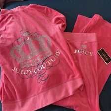 NWT Juicy Couture Velour Tracksuit Set Large Pink Rhinestone Crown Hoodie Pants