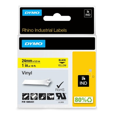 DYMO Rhino Industrial Vinyl Labels   24 mm x 5.5 m   Black Print on Yellow   Sel