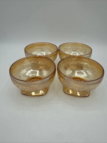 Set of 4 Vtg Jeannette Floragold Carnival Glass Footed Sherbet Bowls Iridescent