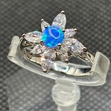 New Opal  Cubic Zirconia Flower Halo Ring Silver Plated Size 7 Simulated Opal
