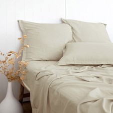 PANDATEX Beige Linen-Textured Bed Sheets Set, Bamboo Rayon, Queen,