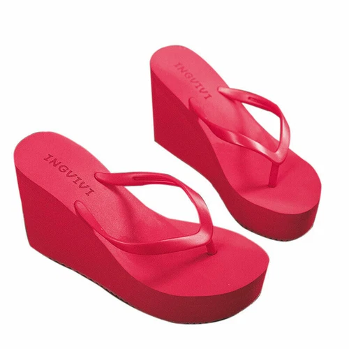 Damen Sommersandalen Plateau Keilabsatz Hausschuhe einfarbige Schuhe mittlere Absätze Flip Flops - Bild 47 von 59