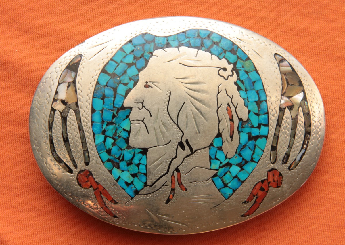 Vintage Hand Made Turquoise Coral Abalone Inlay Indian 