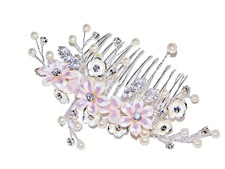 Hair Comb Porcelain Pink Roses Lilac-Cubic Zirconia-Pearl Hand Made Bridal 9358