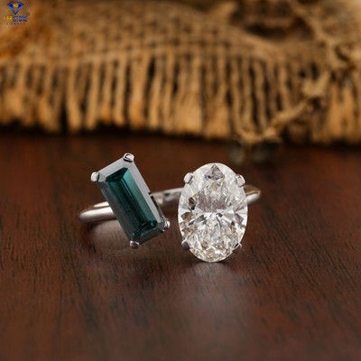 3.64 TCW F.Blue Emerald & Oval Cut Labgrown Diamond Ring 18k White Gold Labstone