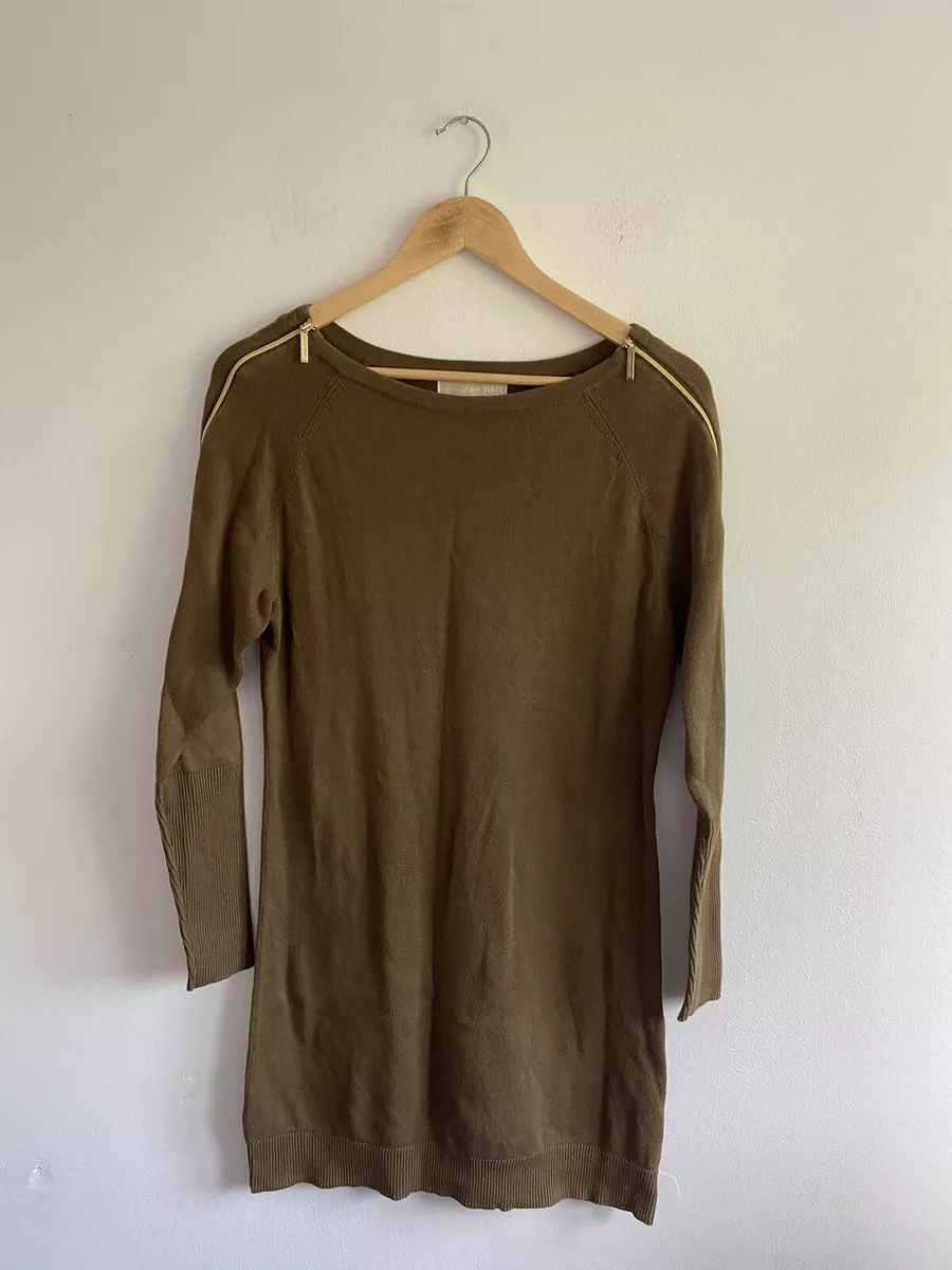 Michael Kors Khaki Knit Sweater Dress Long Sleeve With Zips Size M