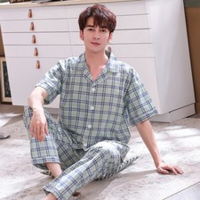 Mens Pajamas Set 100 Cotton Sleepwear Short Sleeve Check T-Shirt TOP  Bottoms