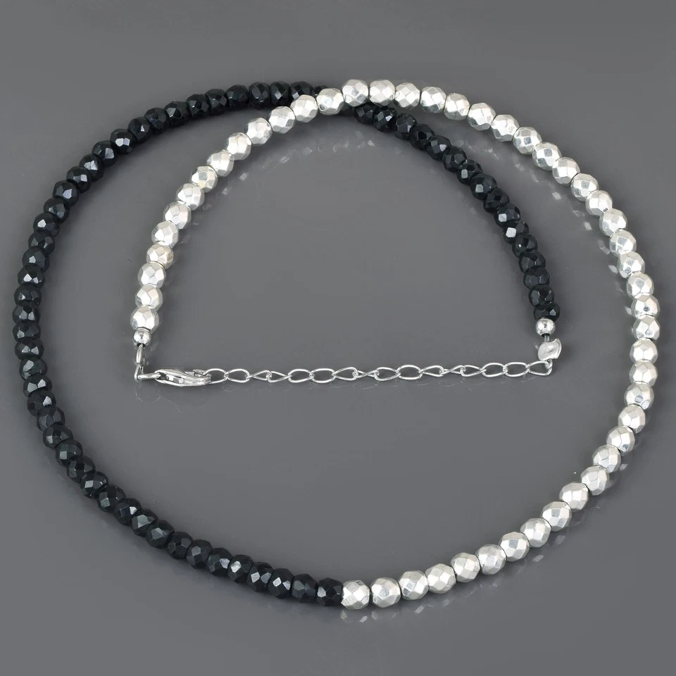 Collana In Argento 925 Con Perle Di Pirite Naturale E Spinello Nero Da 4Mm 18" - Immagine 2 di 4