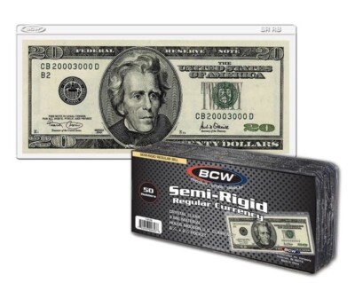 1 PACK of 50 BCW Semi-Rigid CURRENCY REGULAR BILL HOLDERS  6 1/8 x 2 5/8 (CS151)